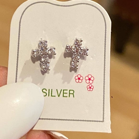Small Sterling Silver Cross screw Back Earrings - Picture 2 of 9